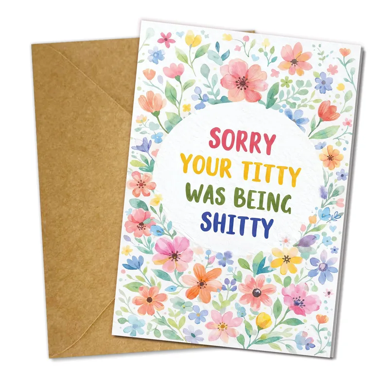 Sorry Your Titty Card with a Floral Watercolor Wreath