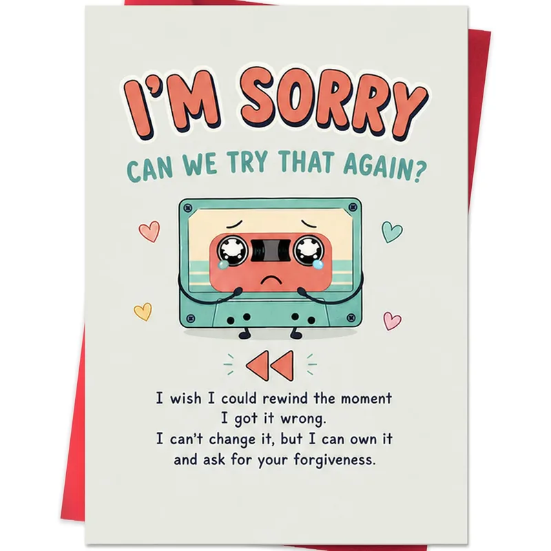 Rewind Apology Card: a retro cassette says sorry