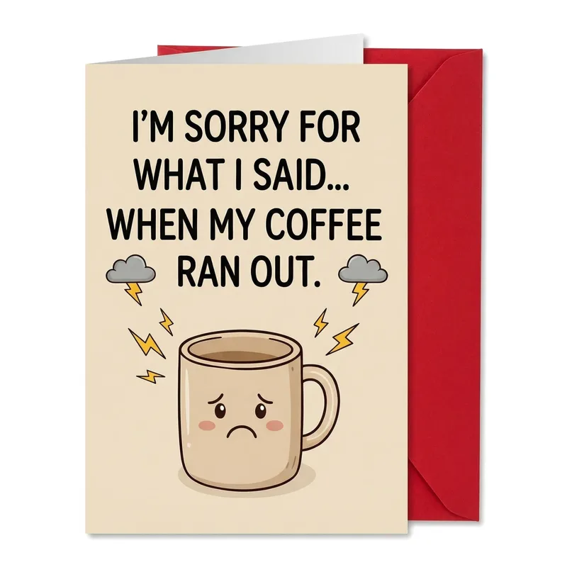 Coffee Apology Card: a sad mug with a grumpy storm