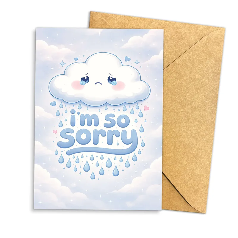 Sorry Cloud Card – Sad cloud with blue raindrops and the words i’m so sorry – Greeting Card in black