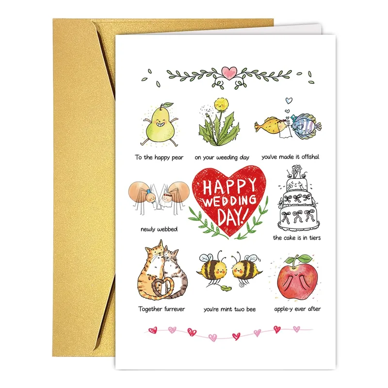 Wedding Day Puns Card with Happy Food and Animal Friends