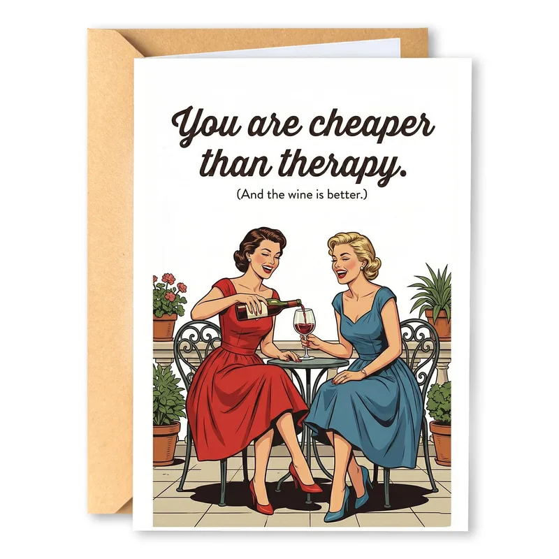 Wine Friend Card: Cheaper Than Therapy Retro Greeting