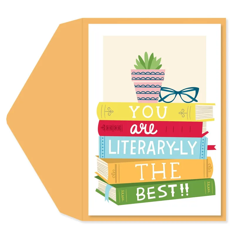 Literary Friend Card: Stacked Books With a Cheerful Message