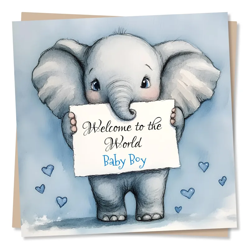 Blue Watercolor Baby Elephant Card for a New Son