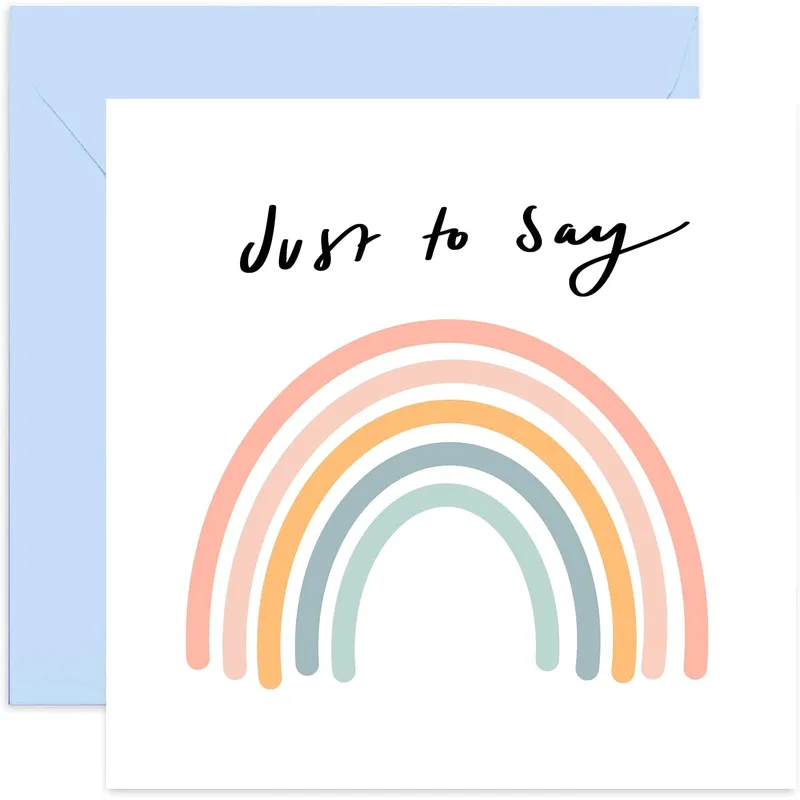 Rainbow Thinking of You Card – Handwritten Just to say above pastel rainbow arc – Greeting Card in black