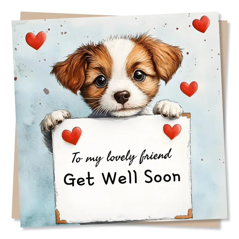 Get Well Soon Friend Card with a Puppy Holding a Sign