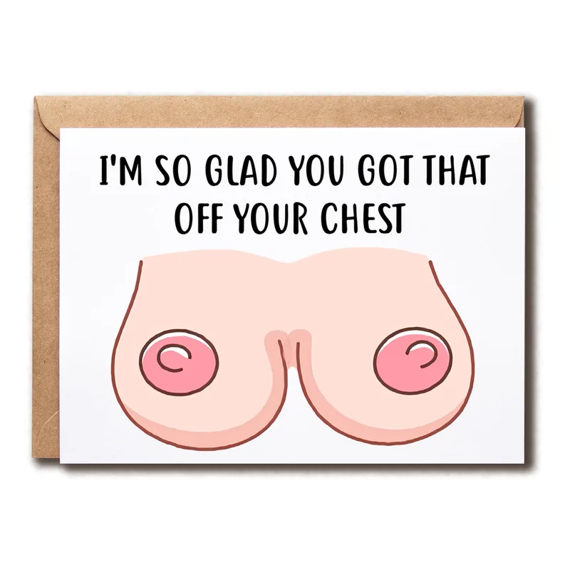 Off Your Chest Card – with printed line and cartoon breasts – Greeting Card in black