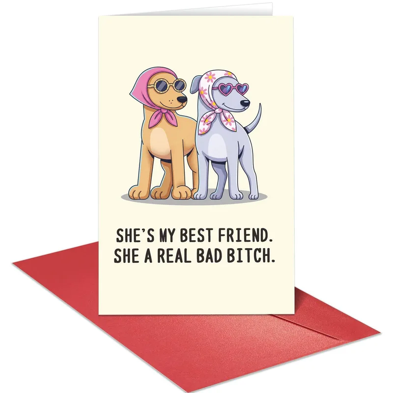 Best Friend Dog Card – Two cartoon dogs in sunglasses, text: She’s my best friend – Greeting Card in black