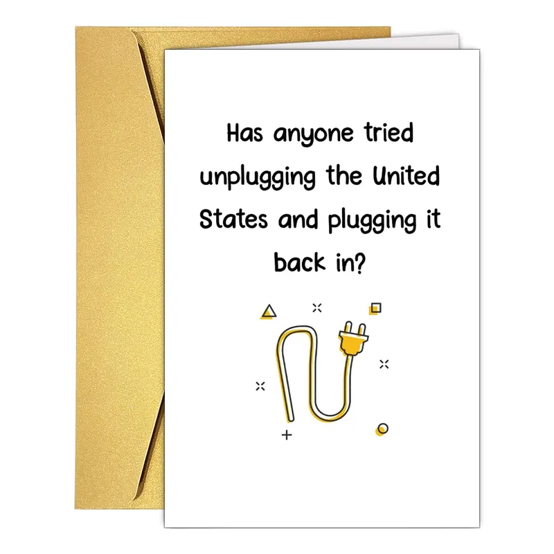 Tech Support Humor Card – Greeting card with printed question and yellow plug cord graphic – Greeting Card in black