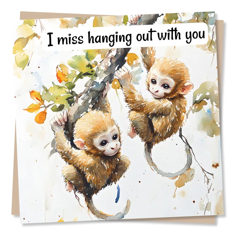 Miss You Friend Card with Two Watercolor Monkeys