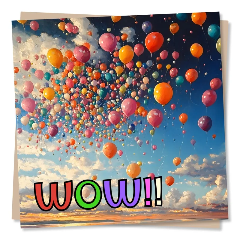 Congratulations Balloons Card – Painted sky of colorful floating balloons with WOW!! lettering – Greeting Card in black