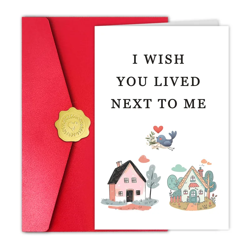Wish You Lived Next Door Card – Greeting card reading I WISH YOU LIVED NEXT TO ME with two houses – Greeting Card in black