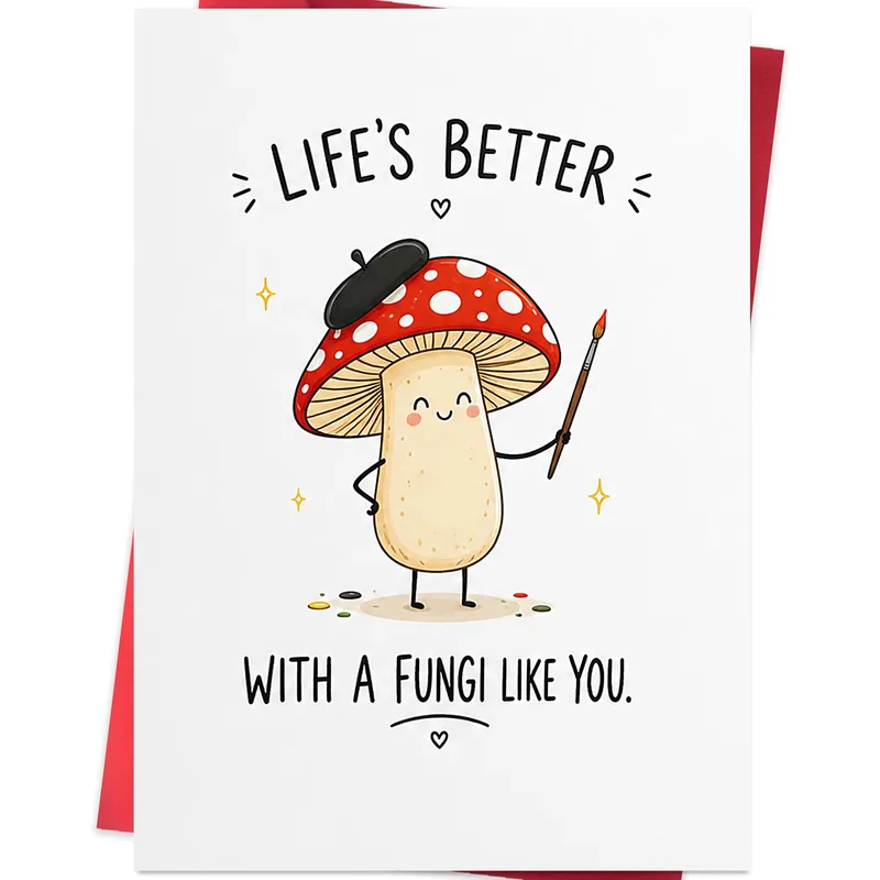 Mushroom Pun Card – Cartoon mushroom with beret and brush, text Life's Better With A Fungi Like You – Greeting Card in black