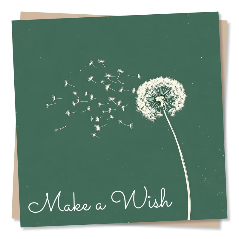 Make a Wish Card – Greeting card reading Make a Wish beside a dandelion releasing seeds – Greeting Card in black