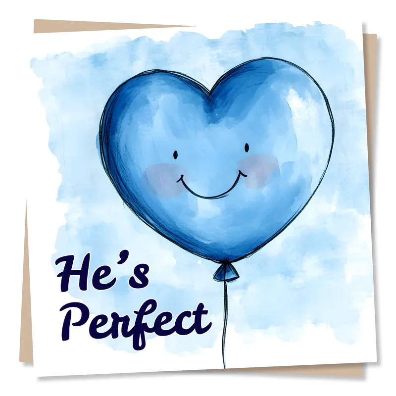 He’s Perfect Card: a blue heart balloon for a new baby boy