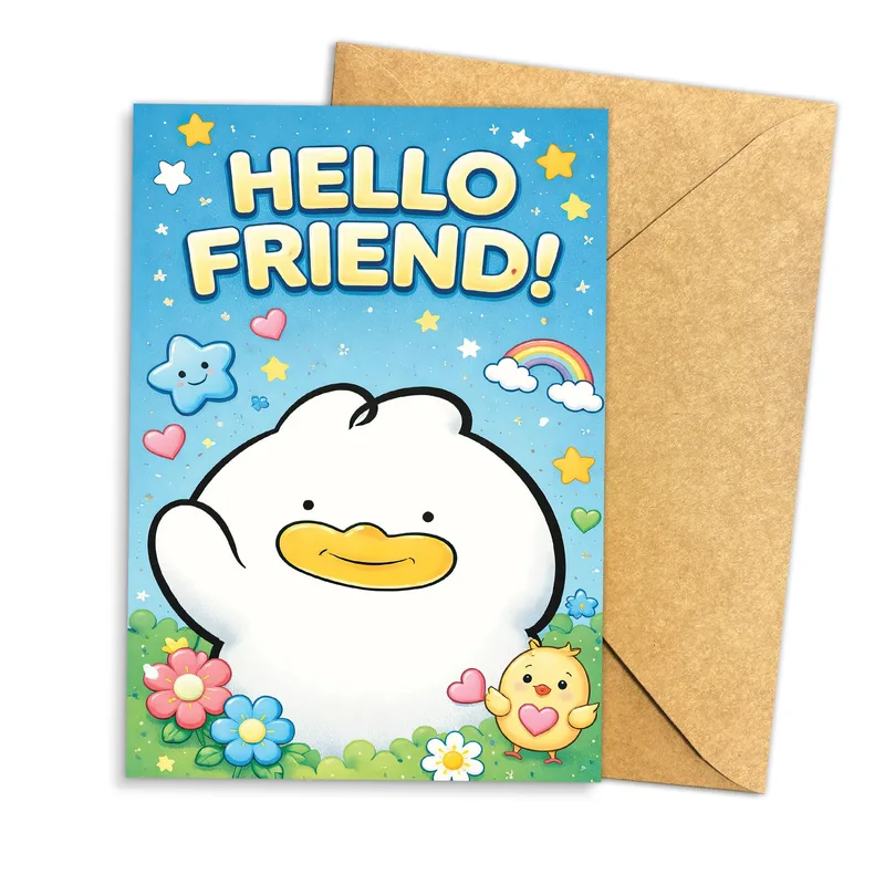 Hello Friend Card with a Cute White Duck Cartoon