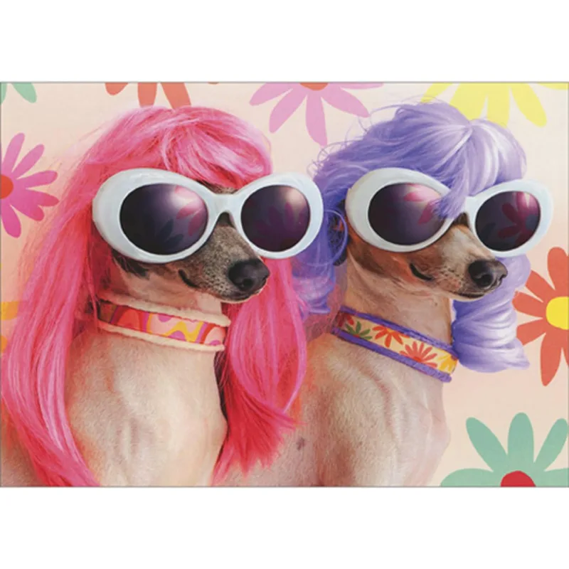 Dog Friends Card: Two Pups in Pink and Purple Wigs