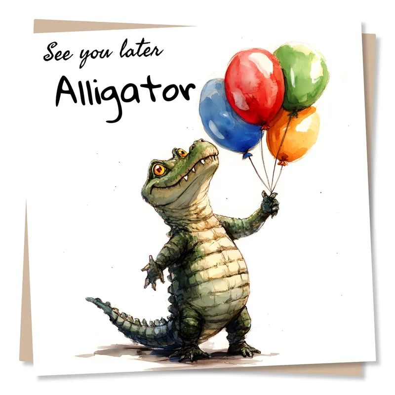 Farewell Alligator Card: A Playful Goodbye with Balloons