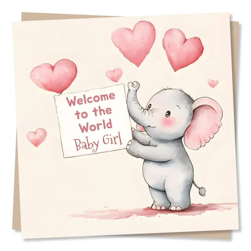 Pink Watercolor Baby Elephant Card for a New Daughter