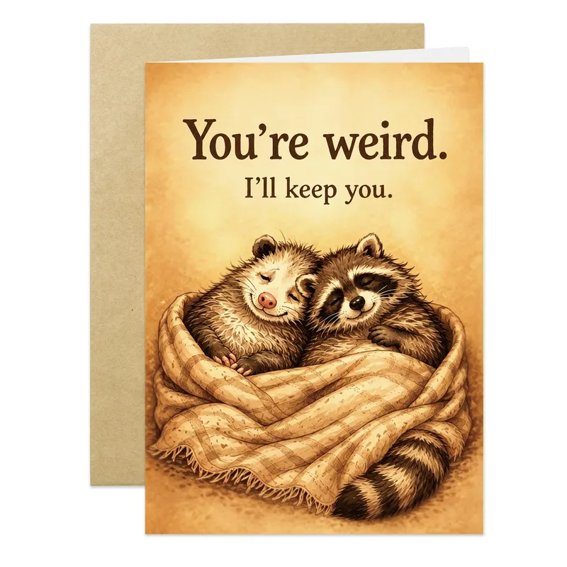 Weird Friend Card: Two Sleepy Raccoons Bundled Up Together