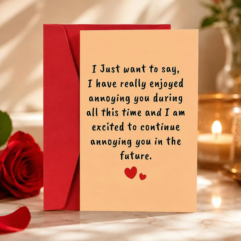 Annoying You Card – Peach greeting card with handwritten message and two red hearts – Greeting Card in black