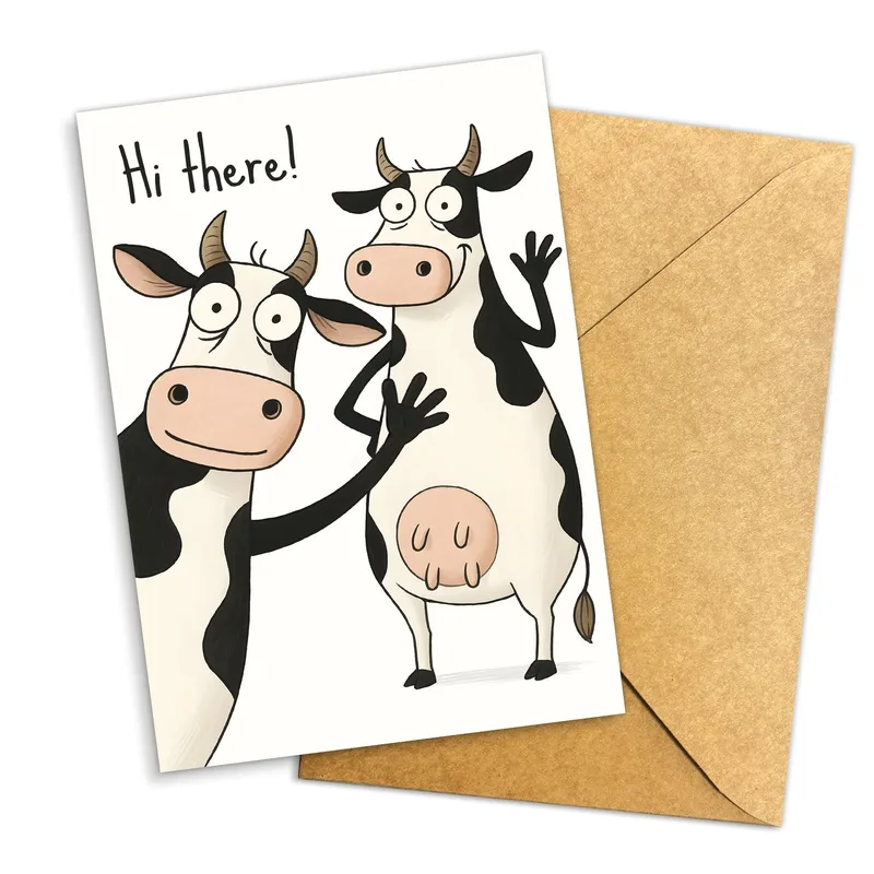 Hi There Card: Two Cartoon Cows Waving Hello