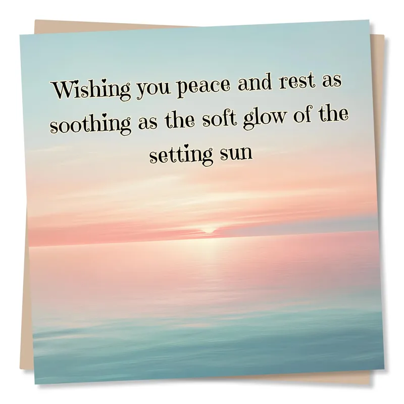Peace and Rest Card – Pastel sunset over water with printed get well wish – Greeting Card in black