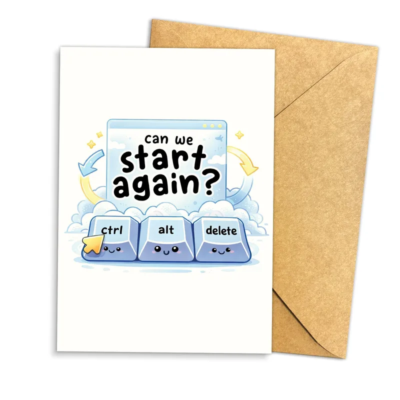 Ctrl Alt Delete Card – Blue keyboard keys ctrl, alt, delete under can we start again – Greeting Card in black