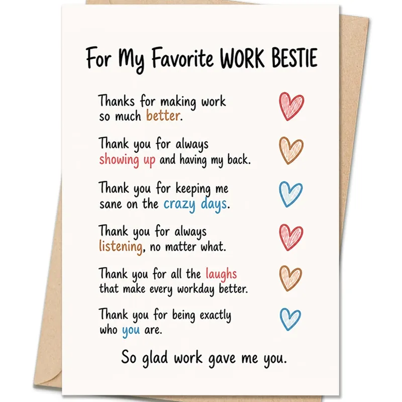 Handwritten Colored Hearts Coworker Card Celebrating Your Work Bestie