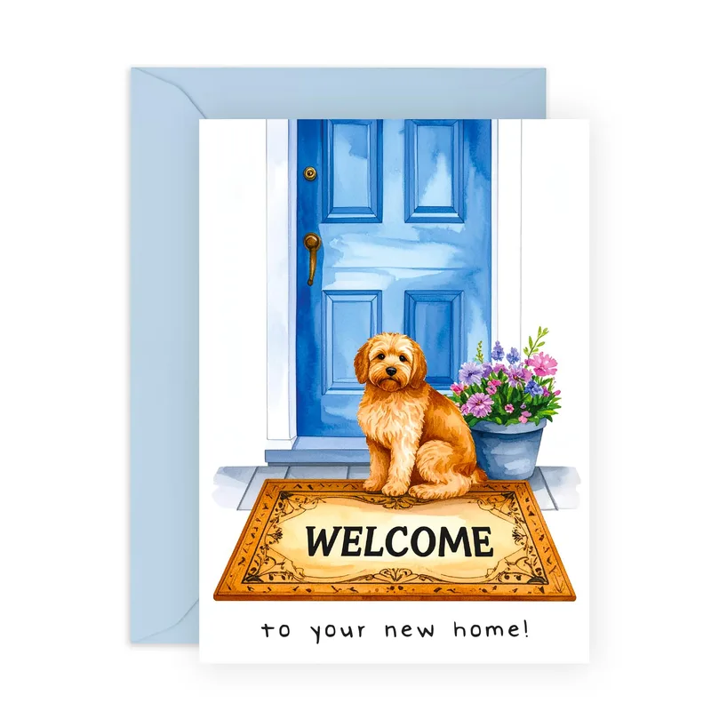 Watercolor Dog on Welcome Card for New Home Celebrations