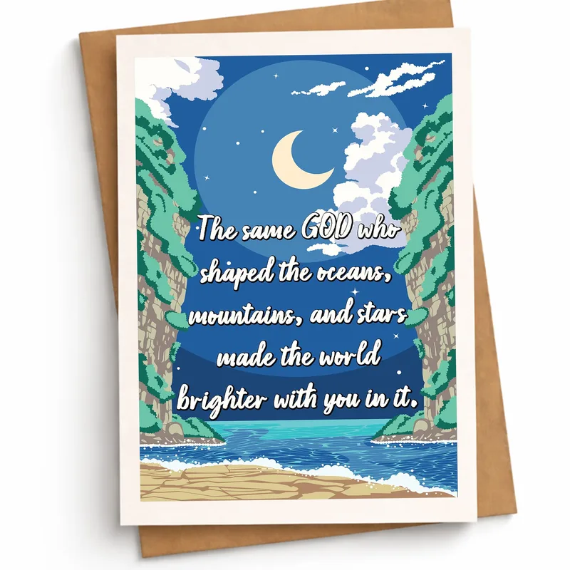 Coastal Scene Blue Encouragement Card: Faith-Based Nighttime Greeting