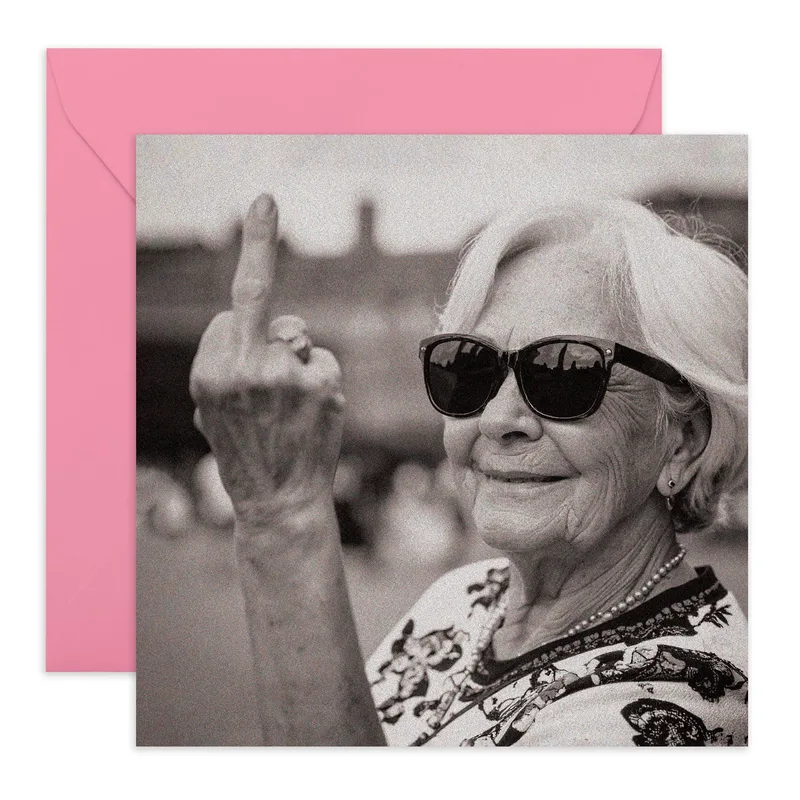 Black and White Photo Card: Smiling Lady with Middle Finger