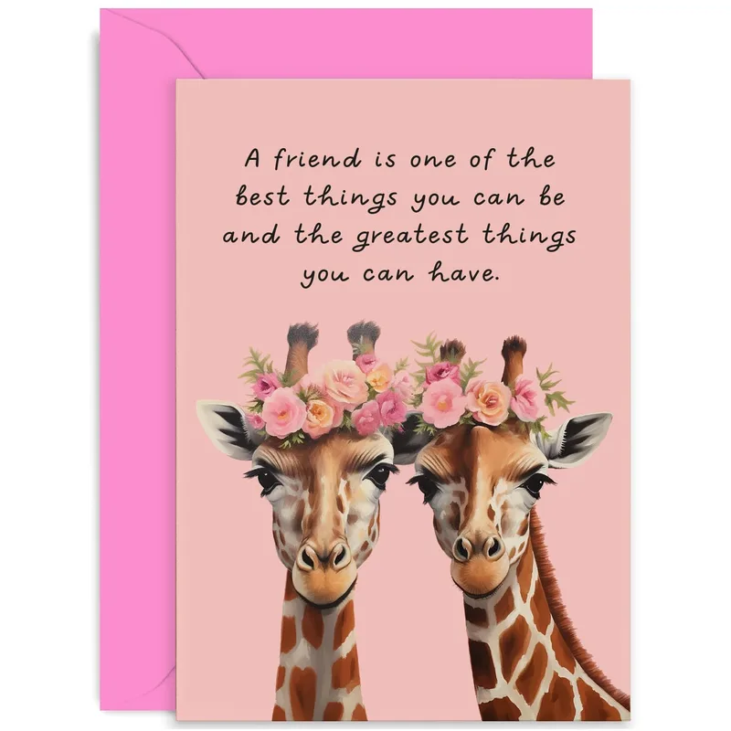 Giraffes Flower Crowns Friendship Card featuring two spotted giraffes