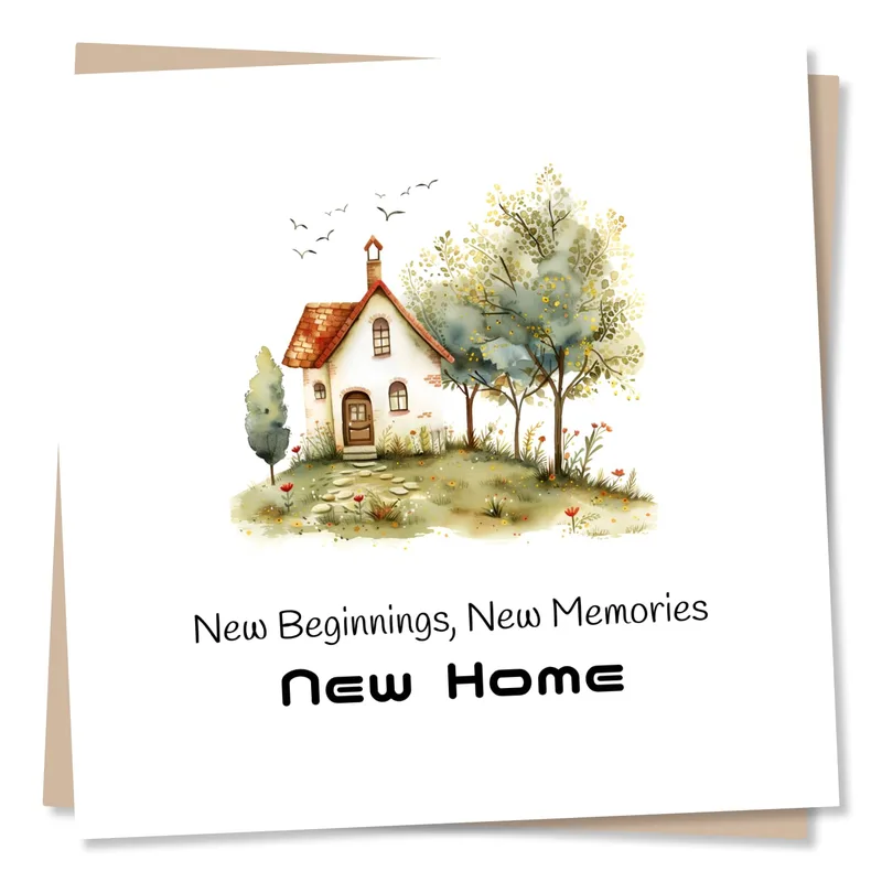 House Trees New Home Card featuring a watercolor cottage