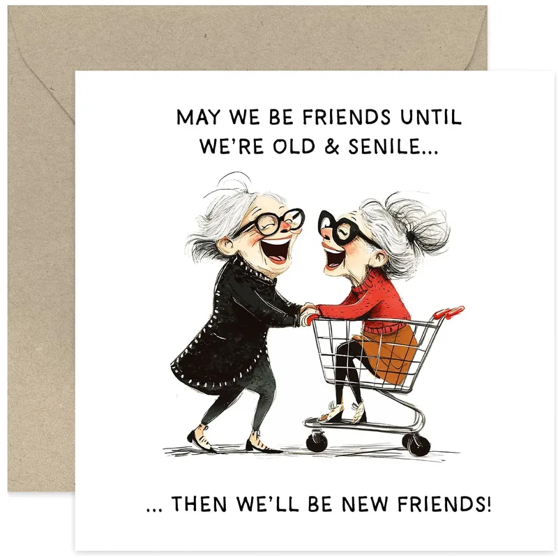 Old Women Shopping Friendship Card features two laughing