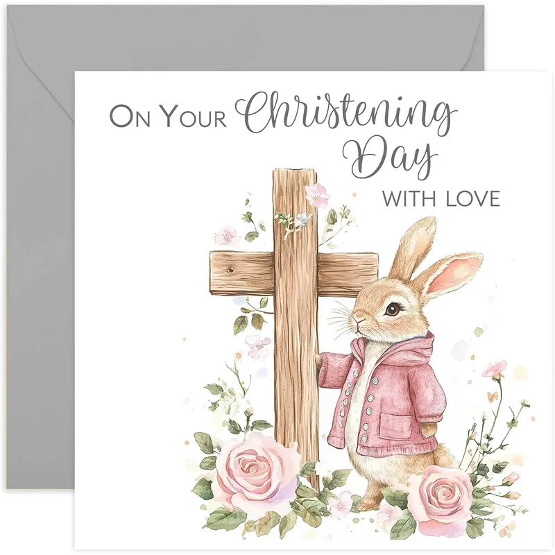 Bunny Cross Pink Florals Card – Greeting Card in natural