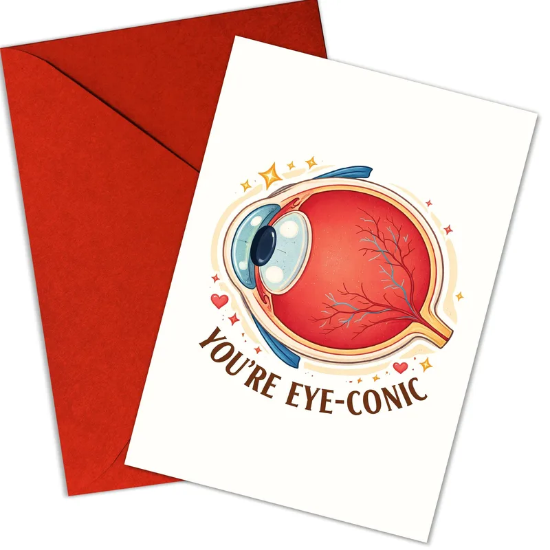 Red Eyeball Friendship Card – Anatomical eye illustration with text You're Eye-Conic on white card – Greeting Card in natural