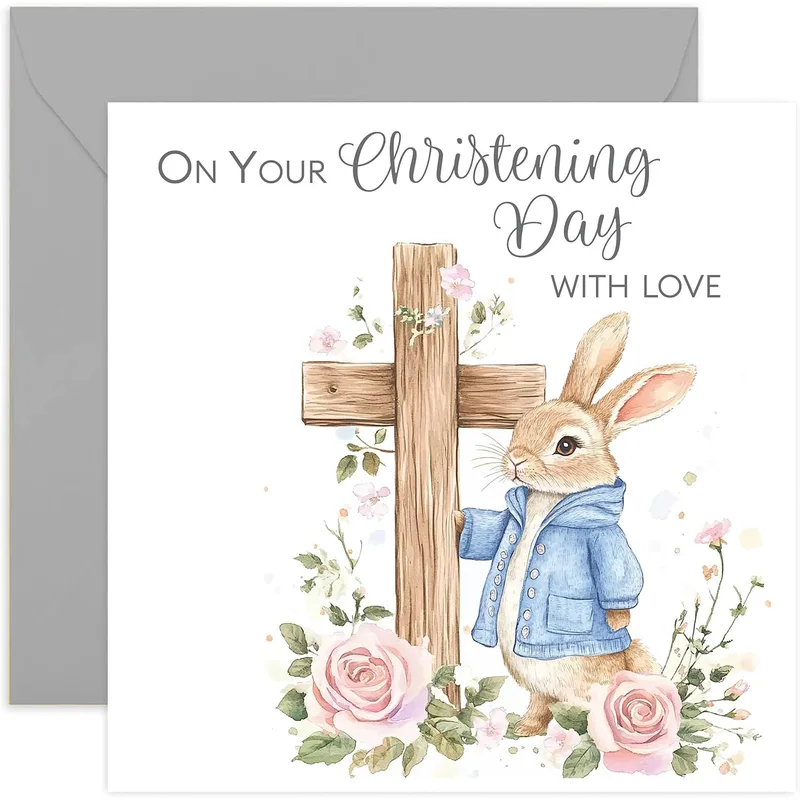 Blue Jacket Bunny Cross Card for a Special Christening Celebration
