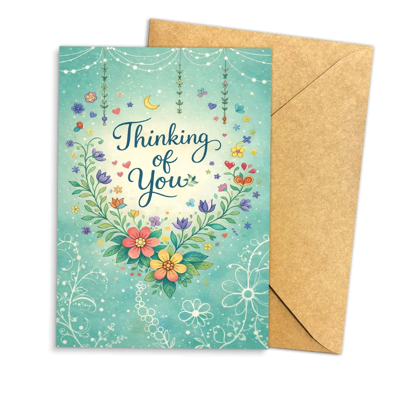 Teal Floral Wreath Thinking of You Card for Sentimental Friends