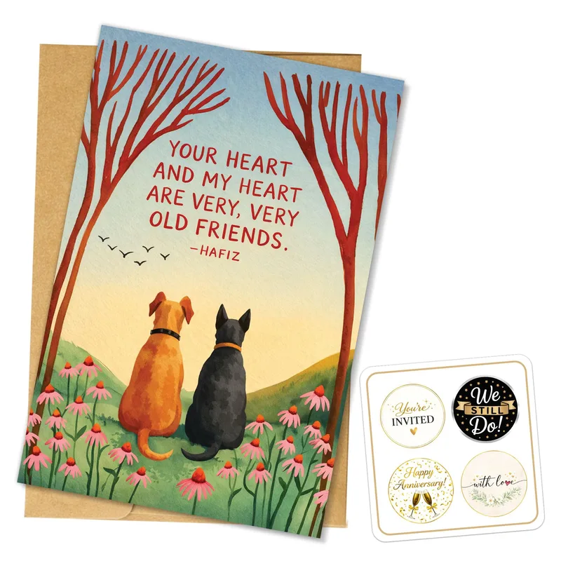 Dogs Autumn Trees Friendship Card features two dogs