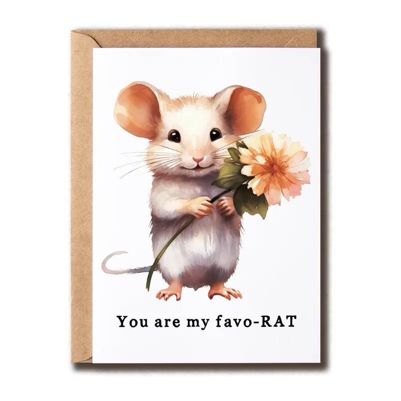 Mouse Holding Flower Friendship Card: You Are My Favo-Rat Greeting