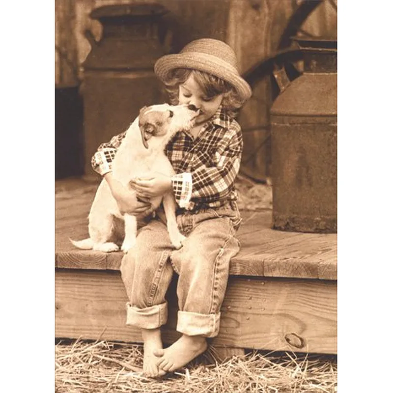 Girl Dog Photo Friendship Card: A Sepia Tribute to Childhood Bonds
