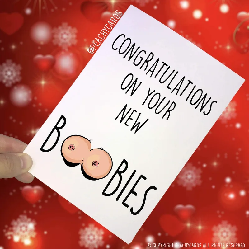 Red Background Boobies Congratulations Card for New Implants