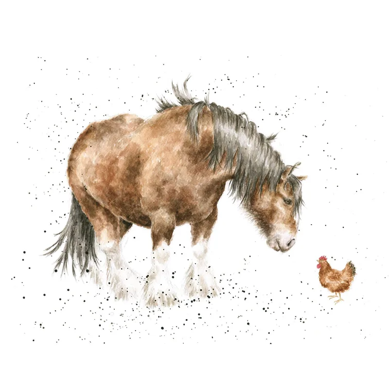 Brown Horse Watercolor Splatter Card: A Gentle Farmyard Moment