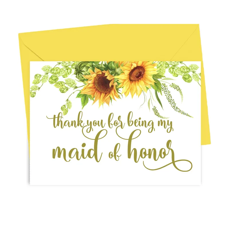 Sunflowers Gold Script Wedding Card Thank You Note