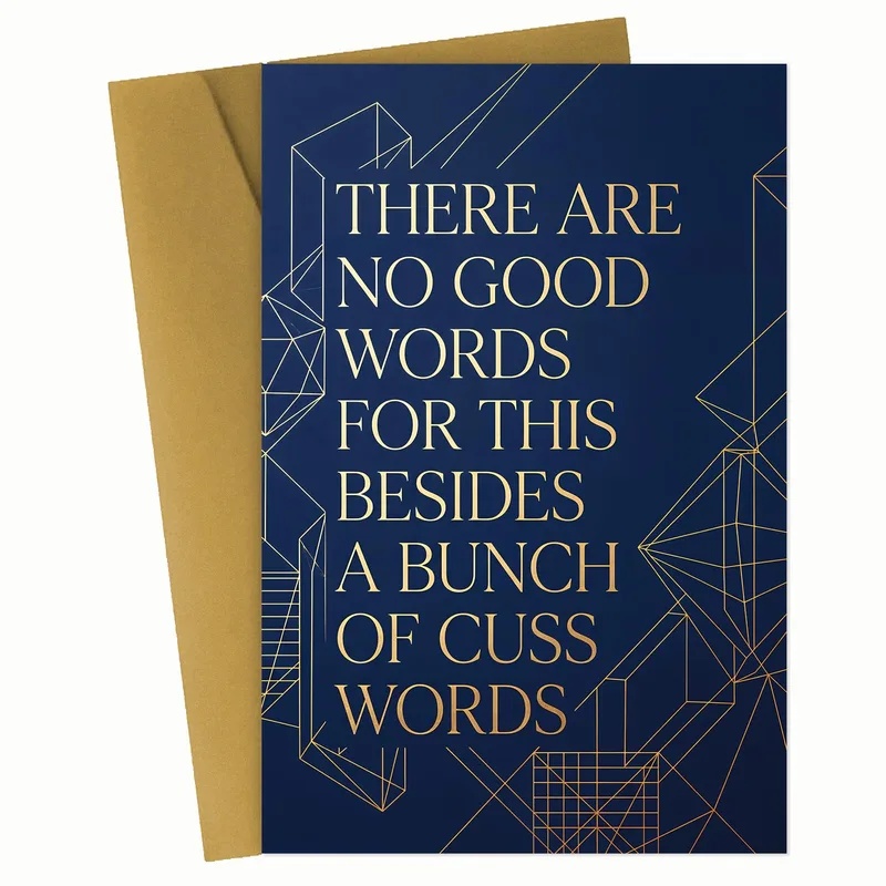 There Are No Good Card – Navy card with gold geometric lines and printed text about cuss words – Greeting Card in black