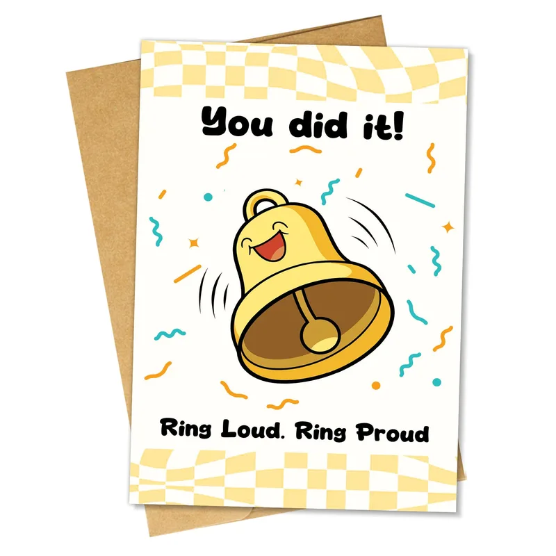 Ring Loud Card – Golden bell with confetti and “You did it! Ring Loud. Ring Proud” – Greeting Card in black