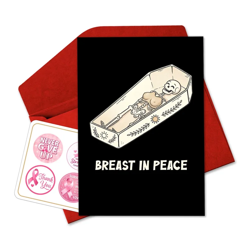Dark Humor Cancer Card: Breast in Peace Skeleton Coffin
