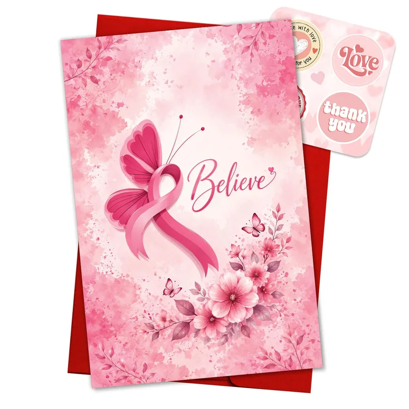 Believe Cancer Card: Pink Ribbon Butterfly Greeting