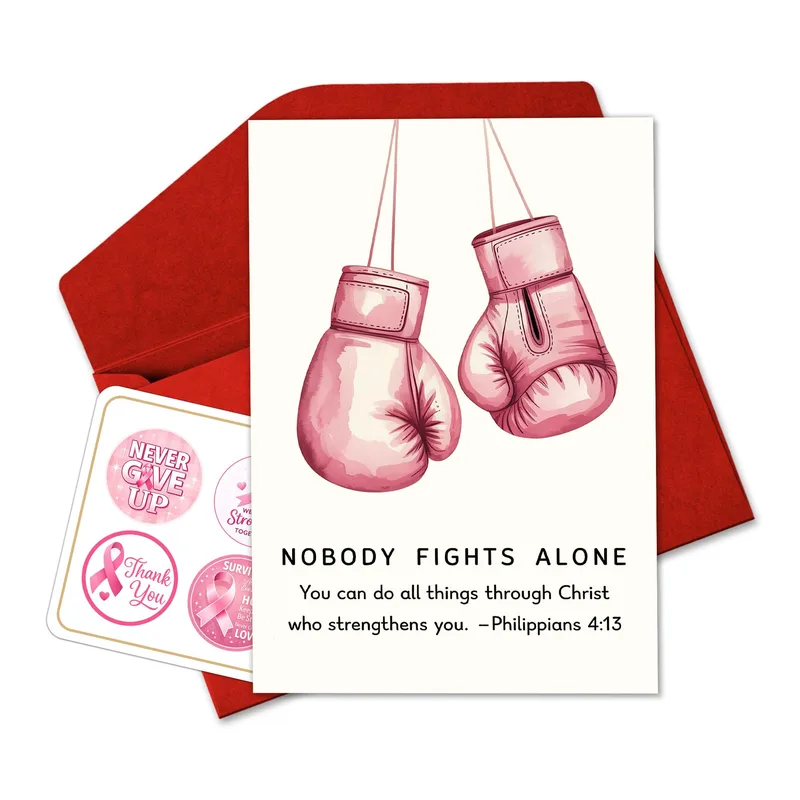 Nobody Fights Alone Card with Pink Boxing Gloves and Bible Verse